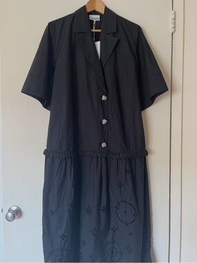 Ganni Black Short-Sleeve Midi Dress with Eyelet Skirt